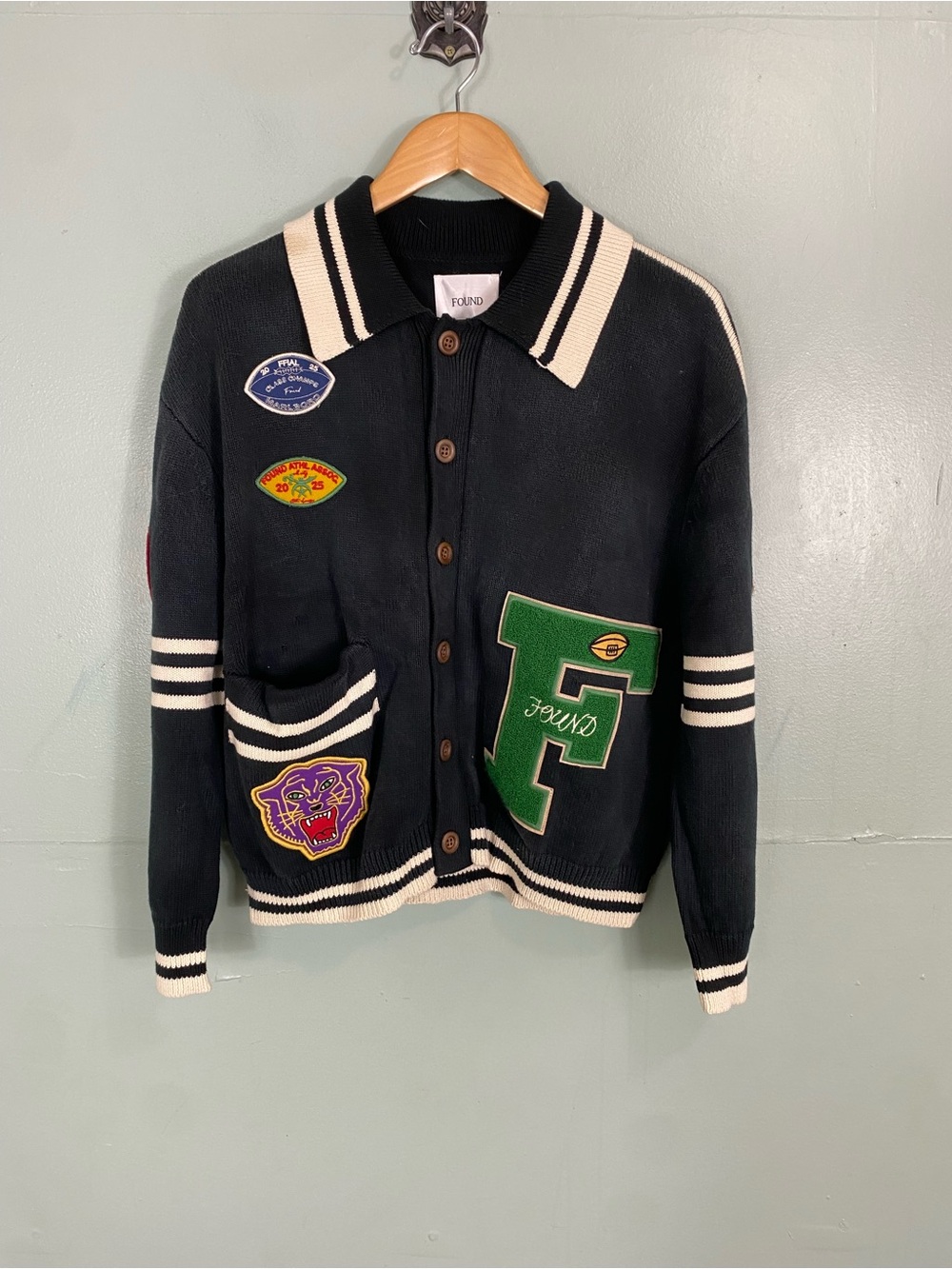 FOUND Fin Varsity Patch Embellished Cardigan FLAWED XS